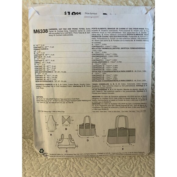 McCall's Misses Picnic Bag Hot Pad Sewing Pattern M6338 - uncut - Picture 3 of 10